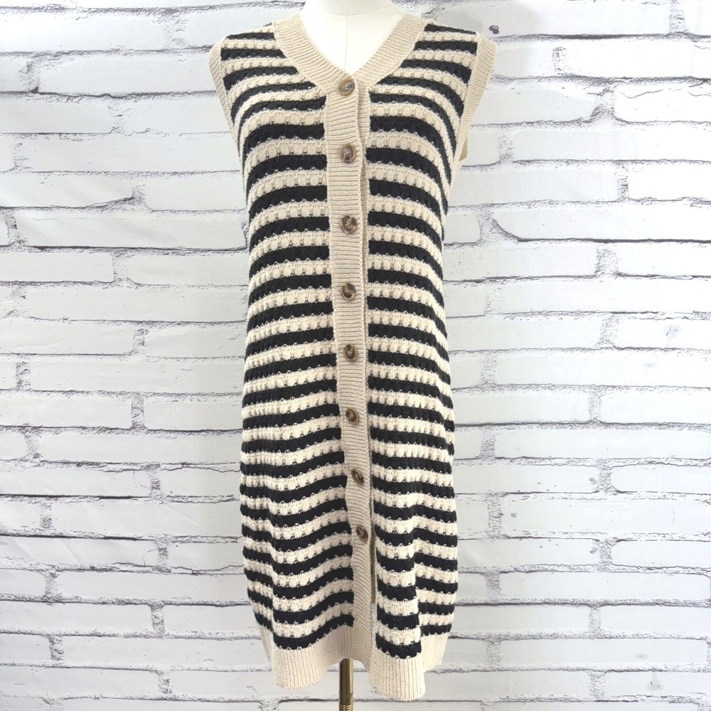 Black Cream Striped Long Knit Sweater Vest Dress Button Front Sleeveless Size S